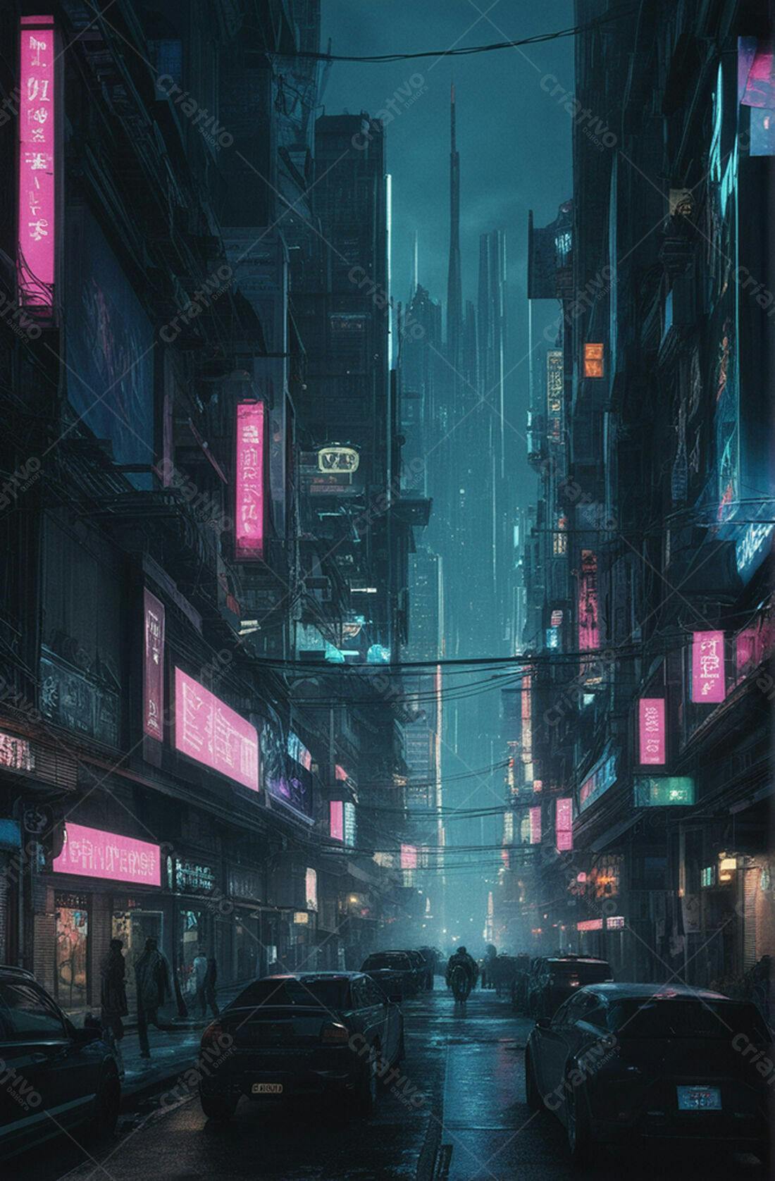 Rua futurista noturna com luzes neon rosa e azul
