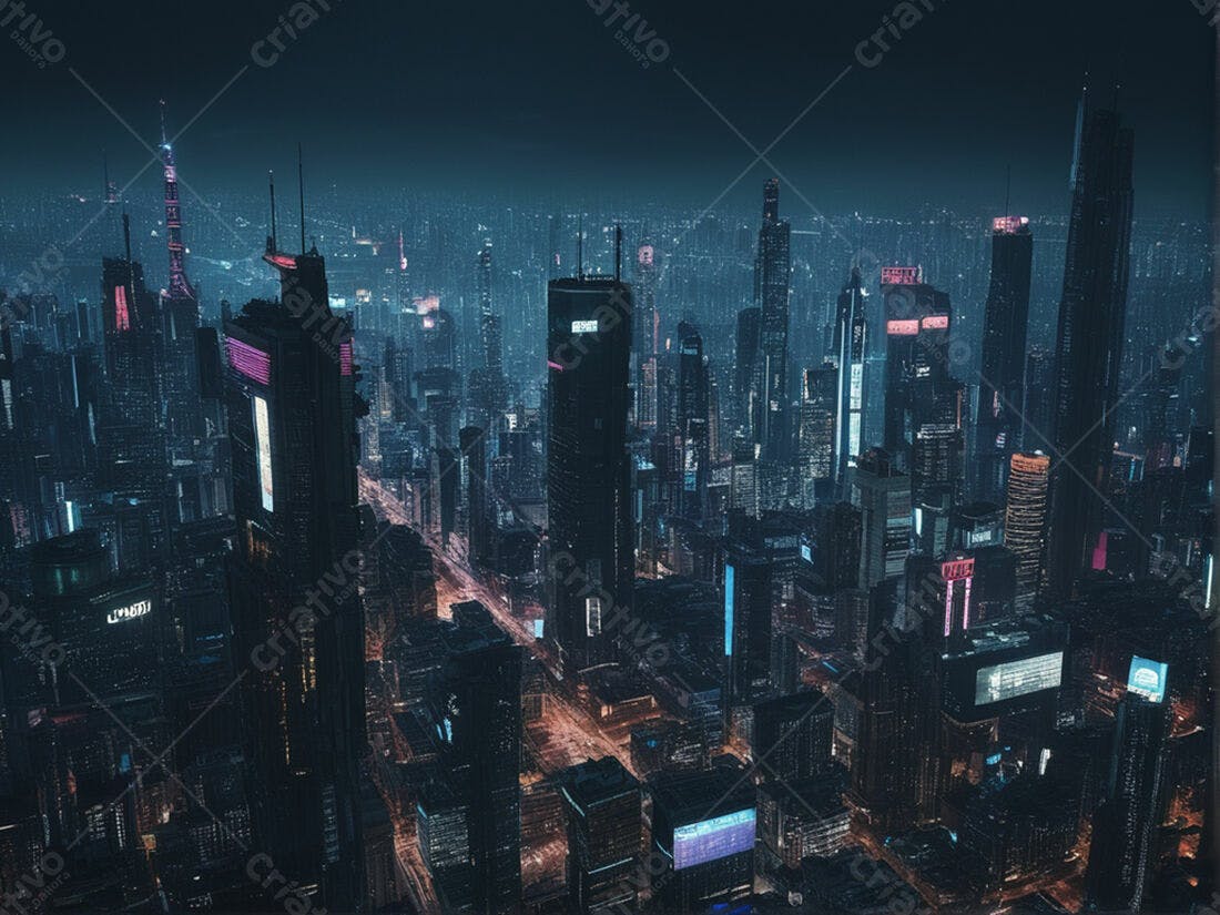 Metrópole futurista noturna vista aérea