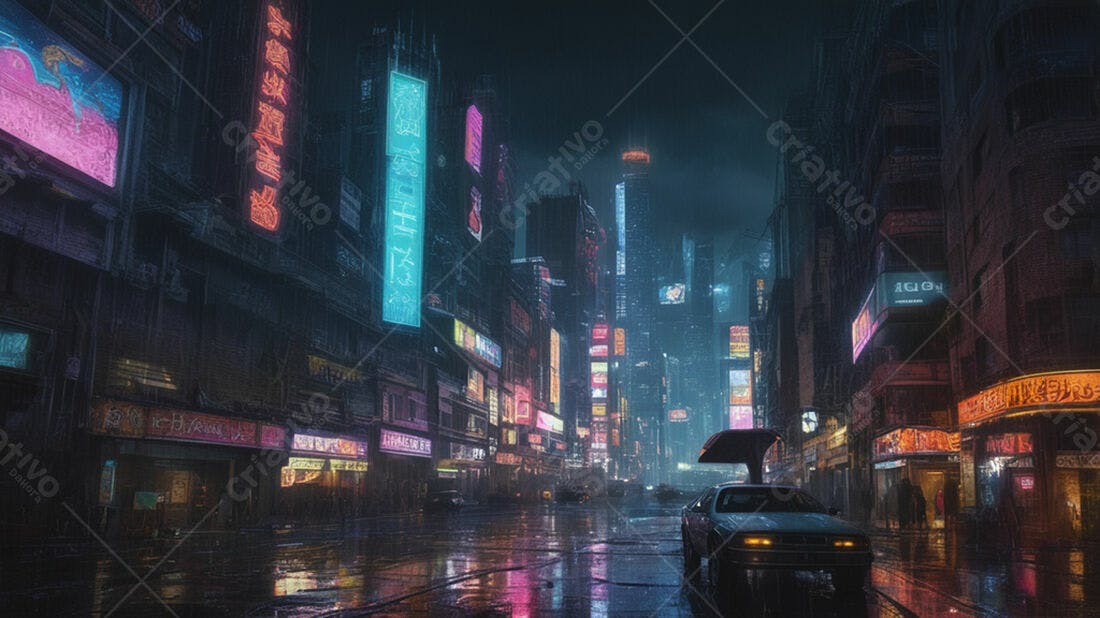 Cidade futurista chuva noite neon