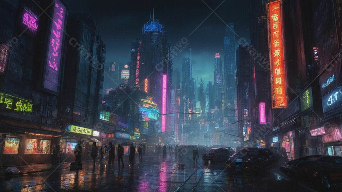 Cidade futurista chuva noite neon