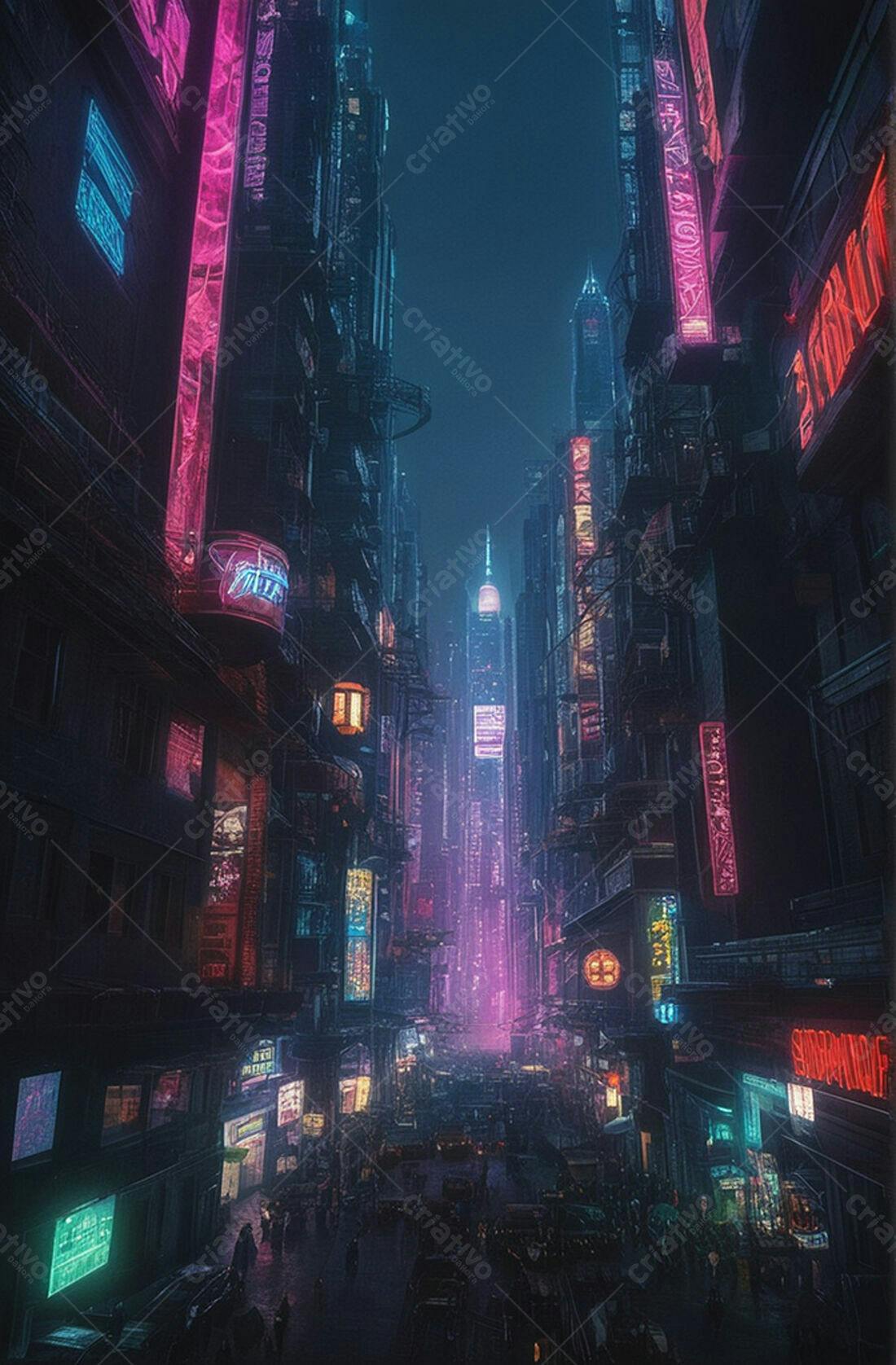 Cidade futurista noturna com néon rosa e azul