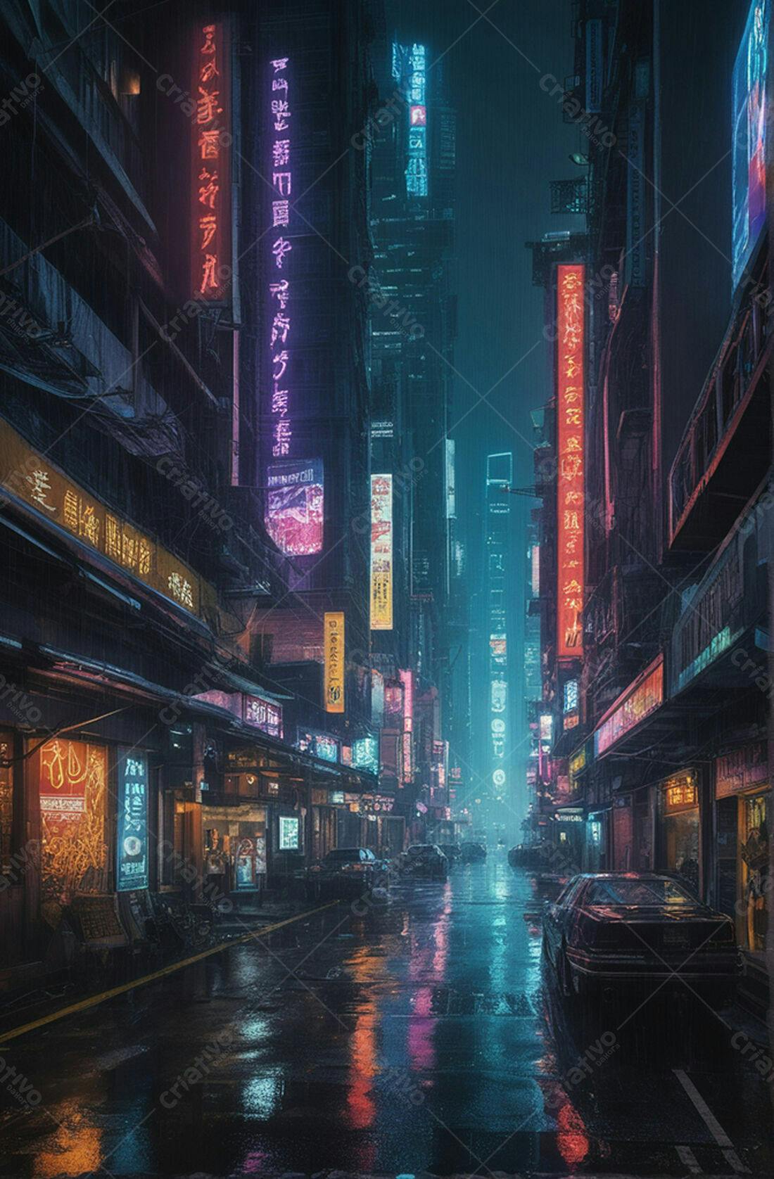 Rua cyberpunk noturna sob chuva