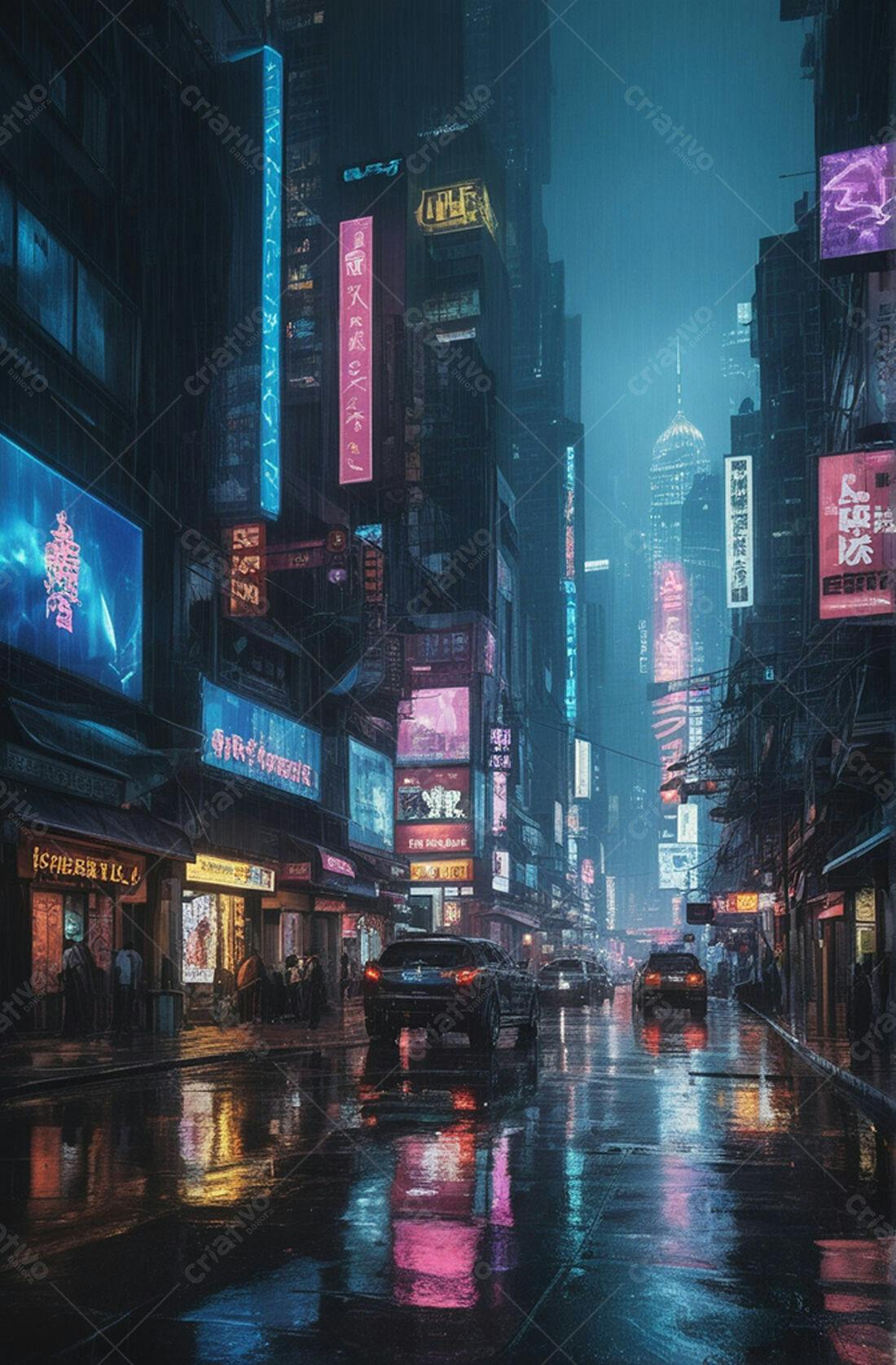 Cidade Noturna Chuvoso Neon