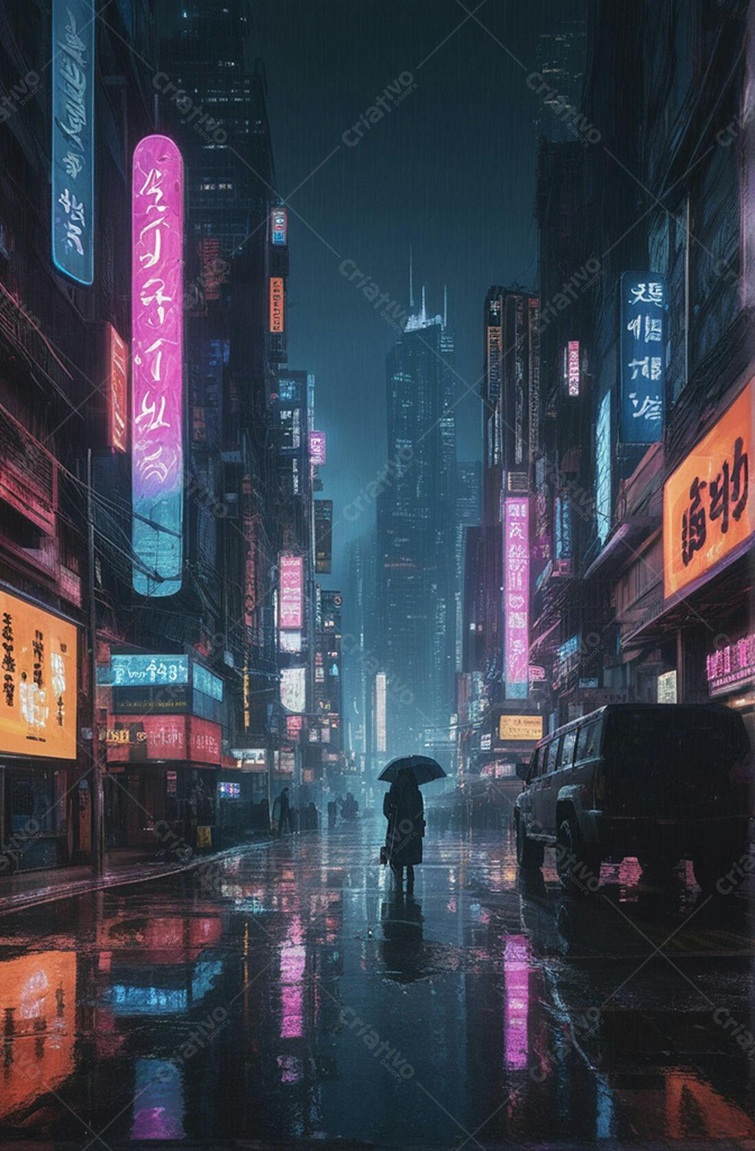 Pessoa com guarda-chuva em rua cyberpunk noturna