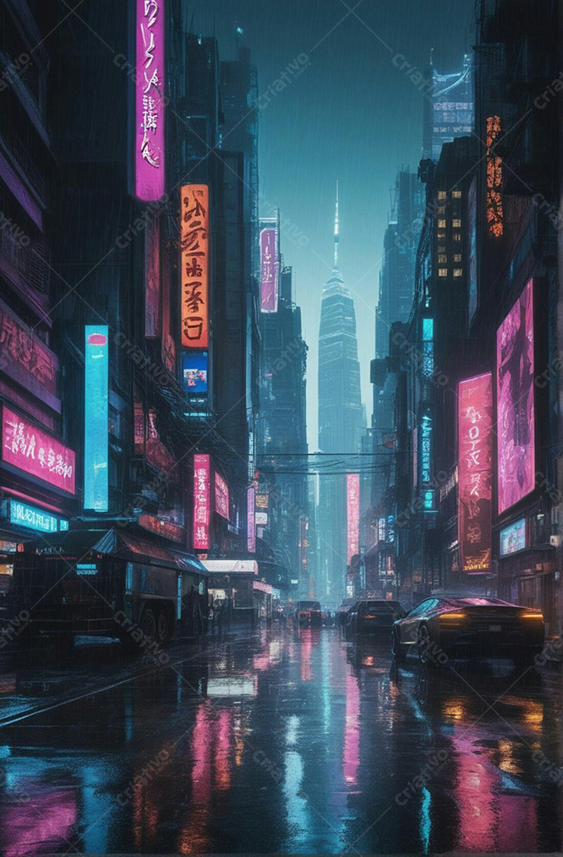 Cidade futurista sob chuva noturna