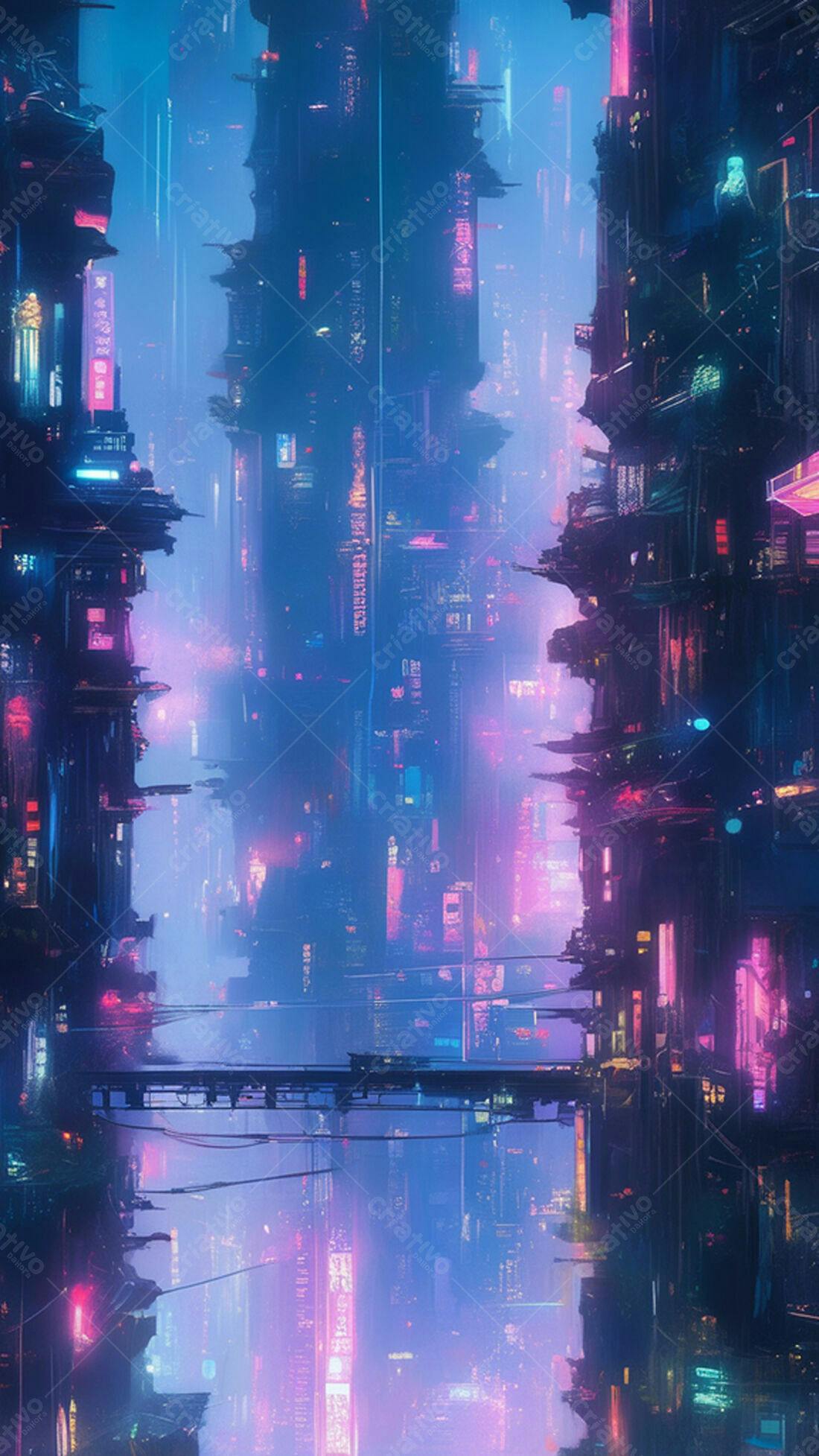 Cidade futurista roxa e azul noturna