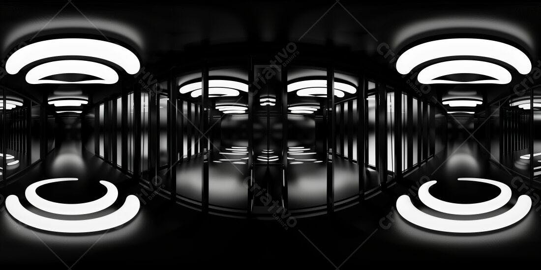 Corredor futurista preto e branco com iluminação de LED