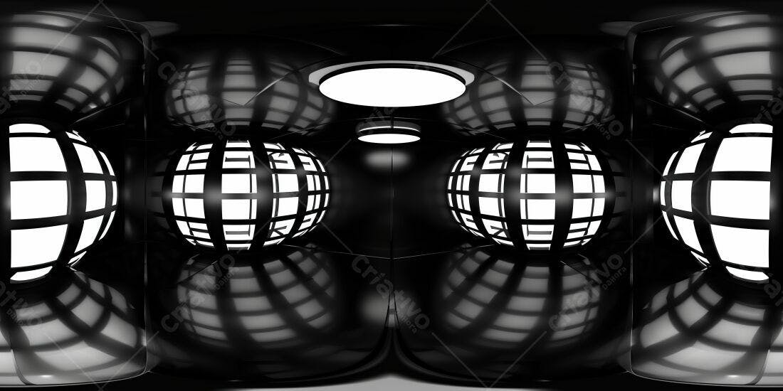 Ambiente futurista preto e branco com esferas luminosas