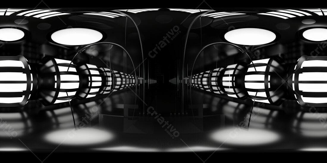 Corredor futurista preto e branco com iluminação