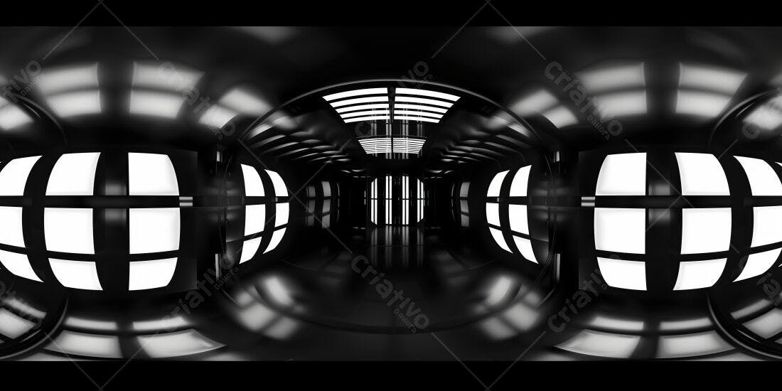 Corredor futurista preto e branco com iluminação brilhante