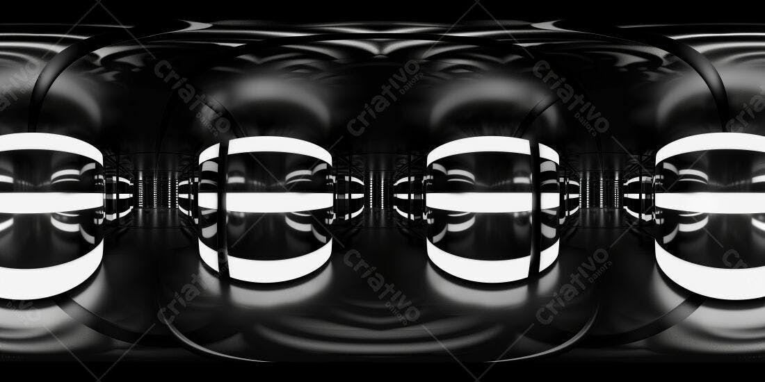 Corredor futurista preto e branco com iluminação LED