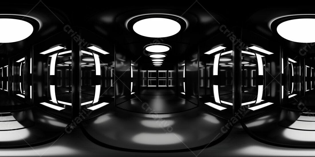Corredor futurista preto e branco com iluminação moderna