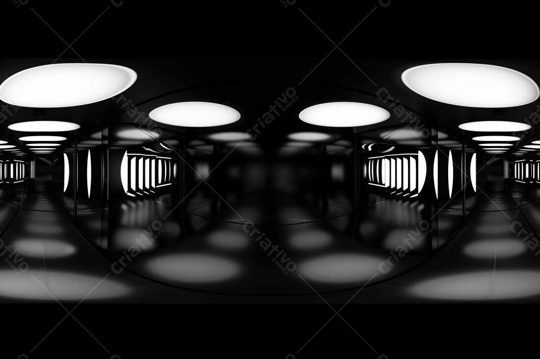 Corredor futurista preto e branco com iluminação moderna