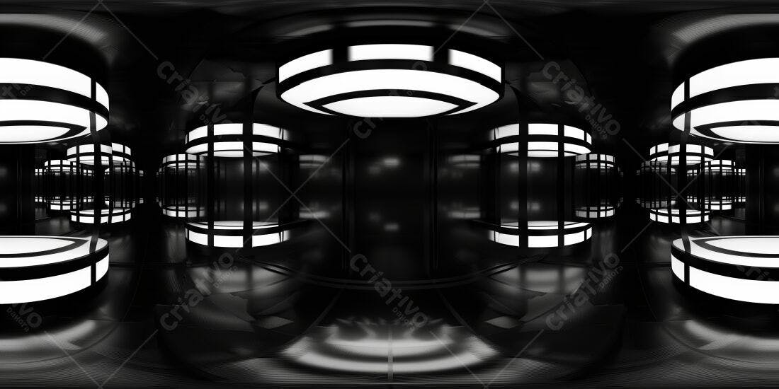 Ambiente futurista preto e branco com iluminação
