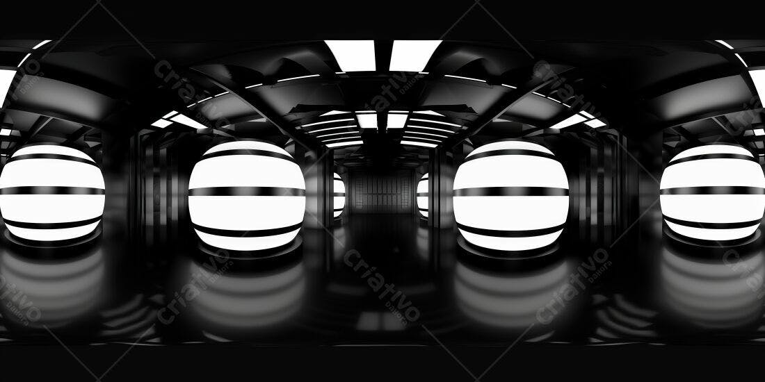 Ambiente futurista preto e branco com esferas luminosas