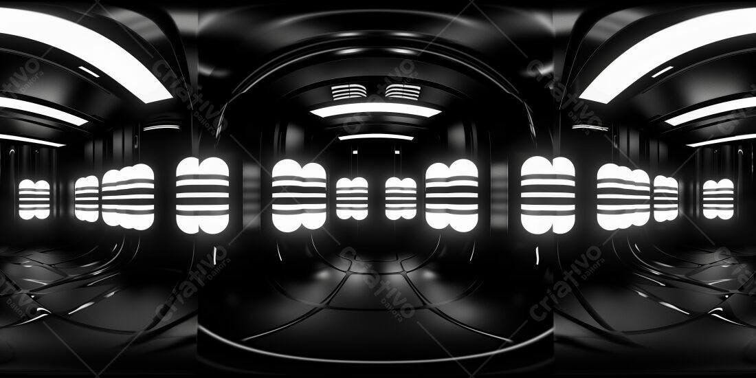 Corredor futurista preto e branco com iluminação moderna