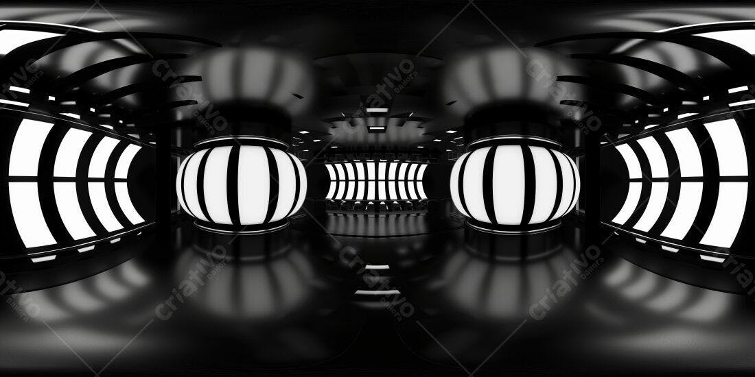 Ambiente futurista preto e branco com iluminação