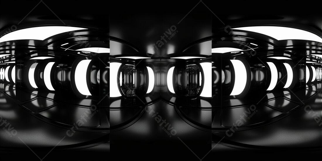 Corredor futurista preto e branco com iluminação moderna
