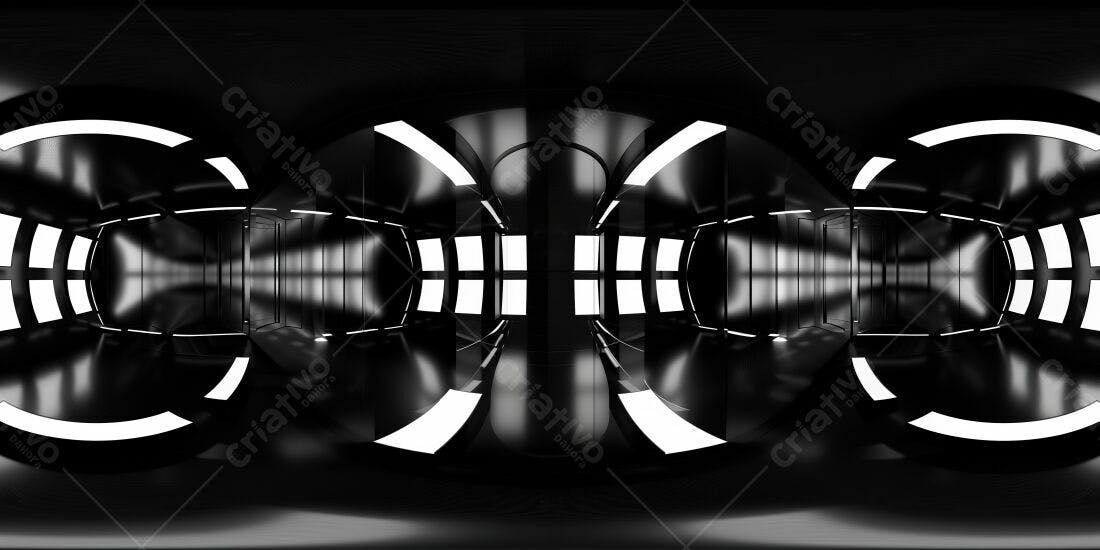 Corredor futurista preto e branco com iluminação