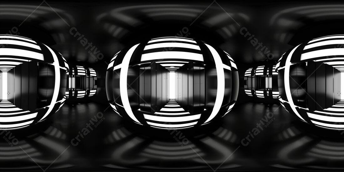 Corredor futurista preto e branco com esferas luminosas