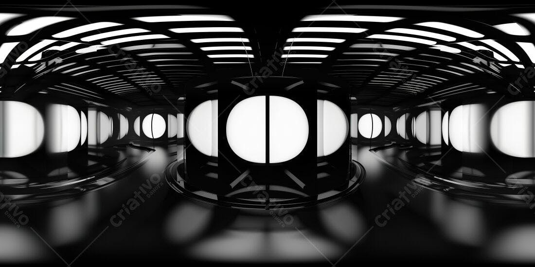 Ambiente futurista preto e branco com iluminação circular