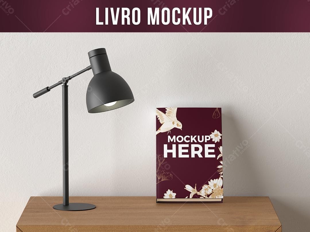 Mockup Livro: Design Floral Burgundy em Mesa de Madeira