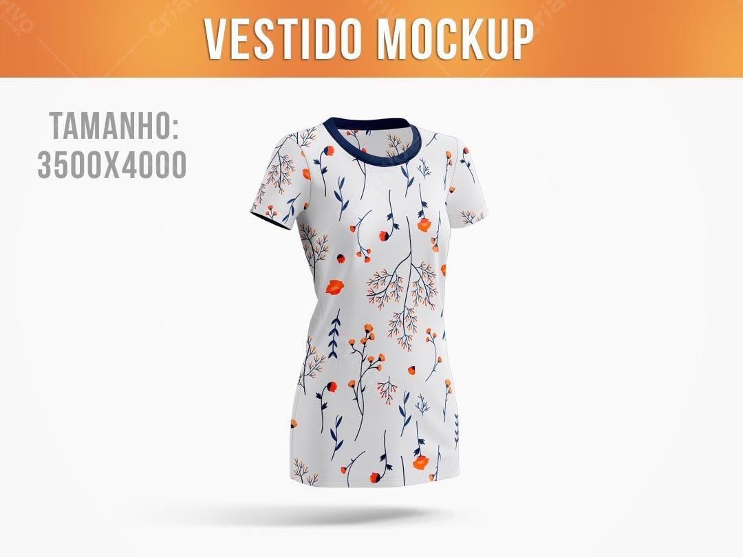 Mockup Vestido Floral: Design Moderno em Branco, Laranja e Azul Marinho