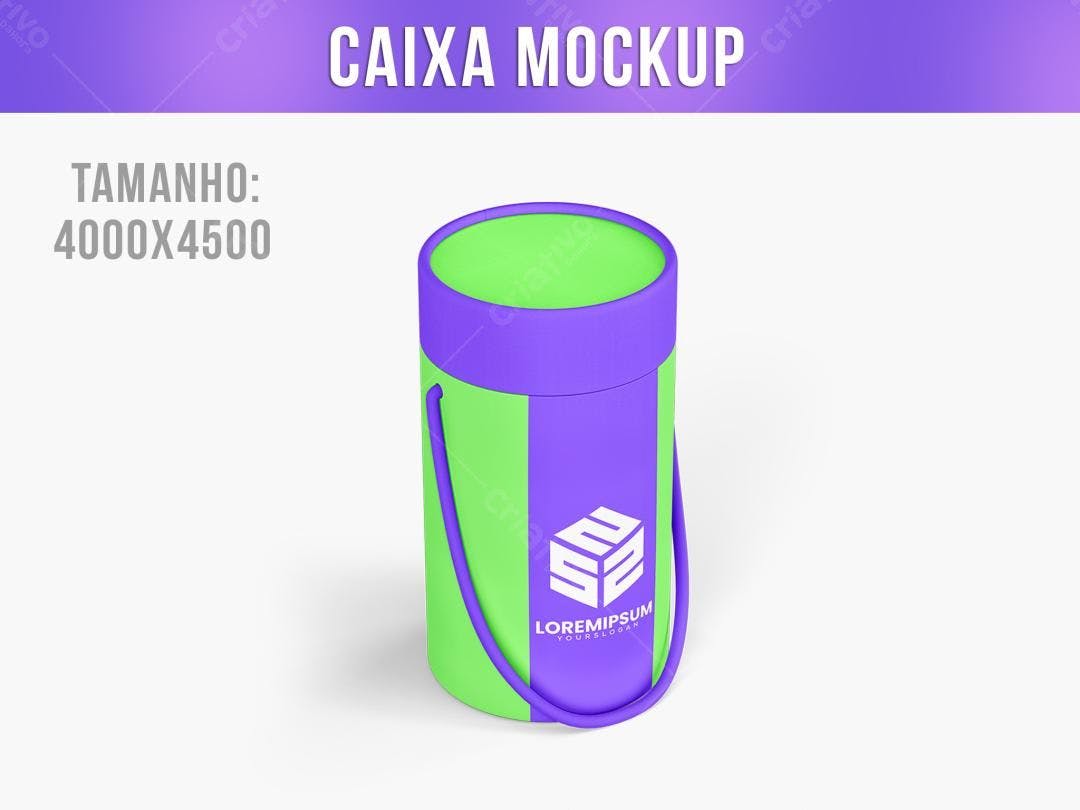Mockup Caixa Cilindrica com Alças - Roxo e Verde Limão