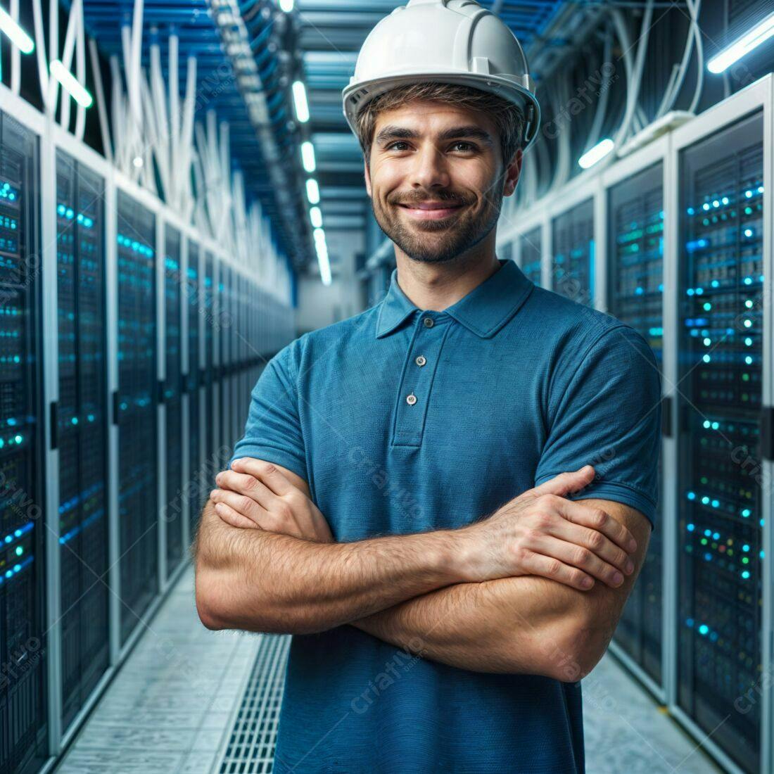 Técnico de TI sorrindo em data center