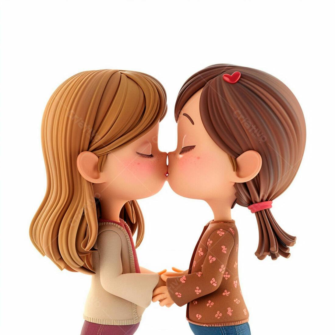 Duas meninas se beijando roupa marrom e bege