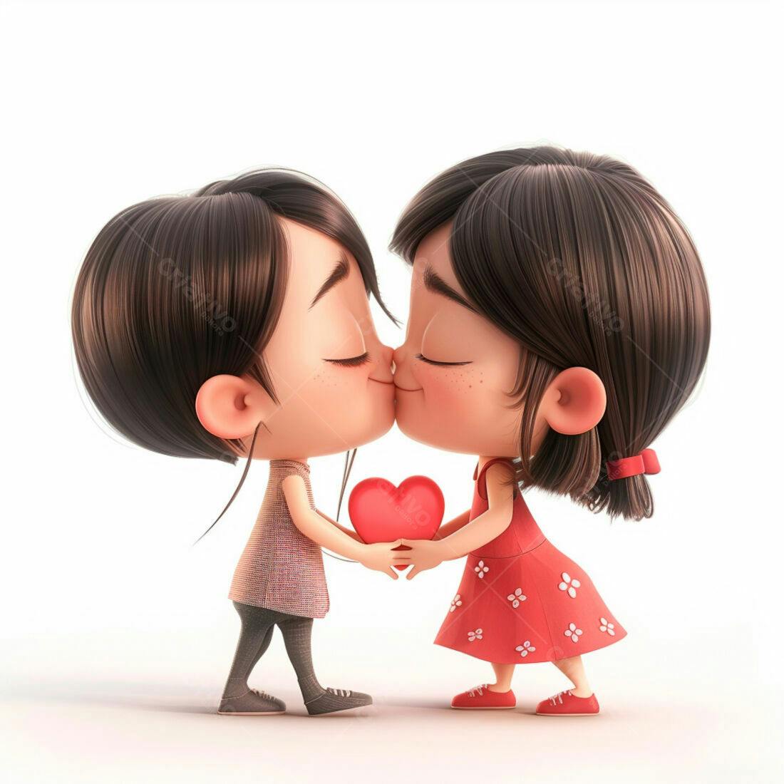 Crianças se beijando com coração vermelho