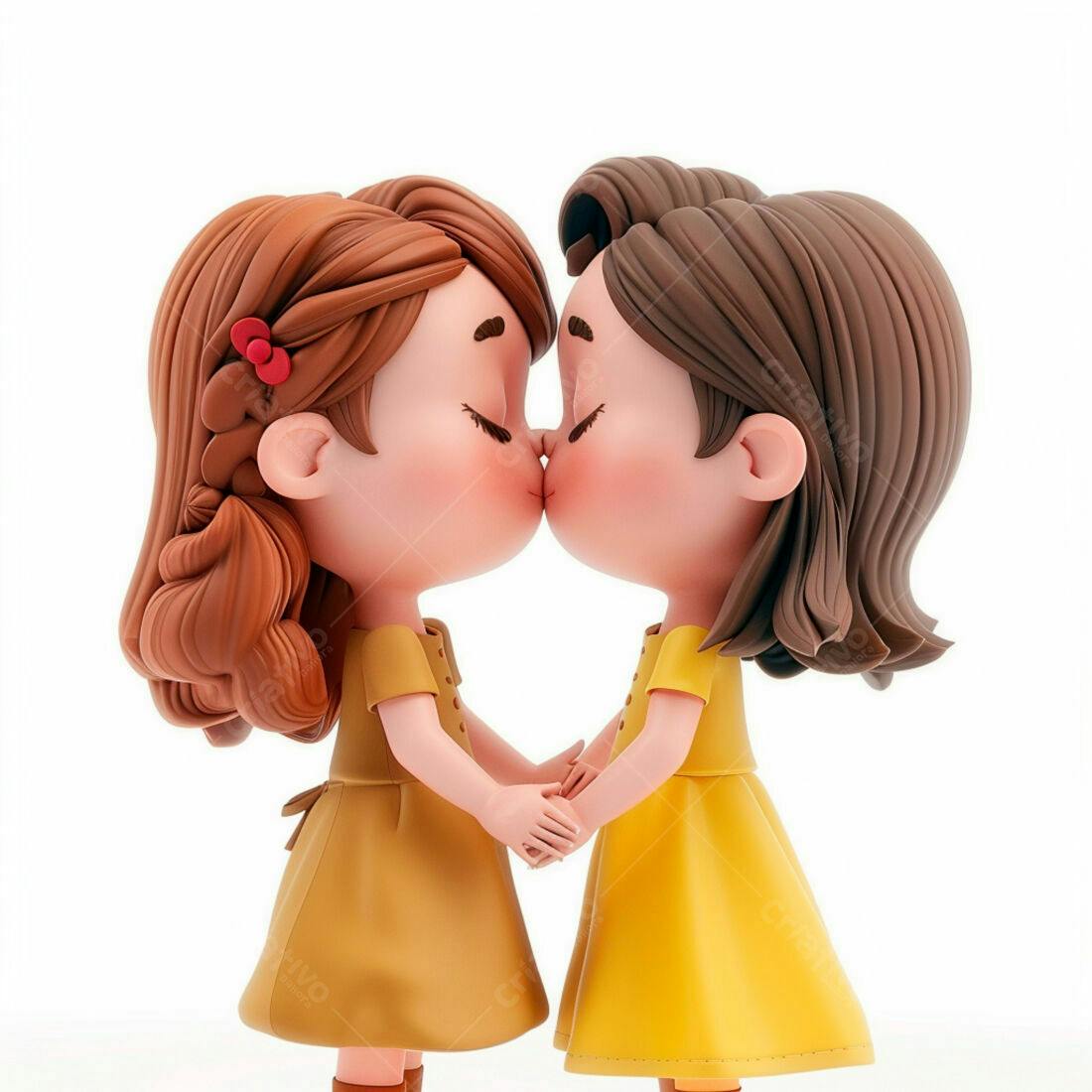 Duas meninas se beijando em vestidos amarelos