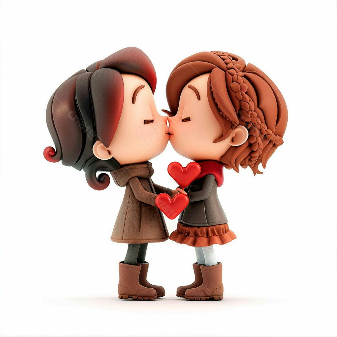 Dois personagens se beijando com corações