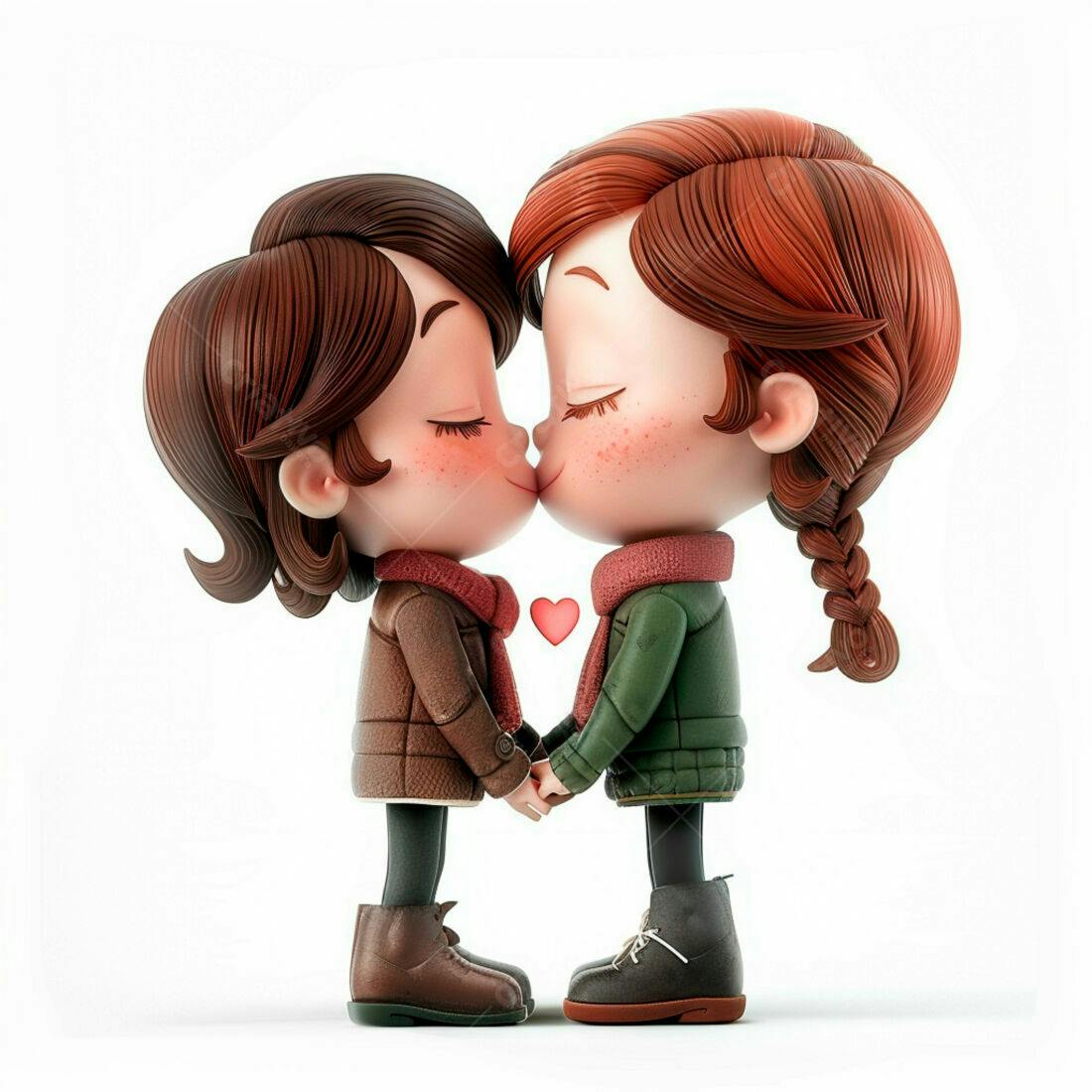 Dois personagens 3D se beijando no inverno