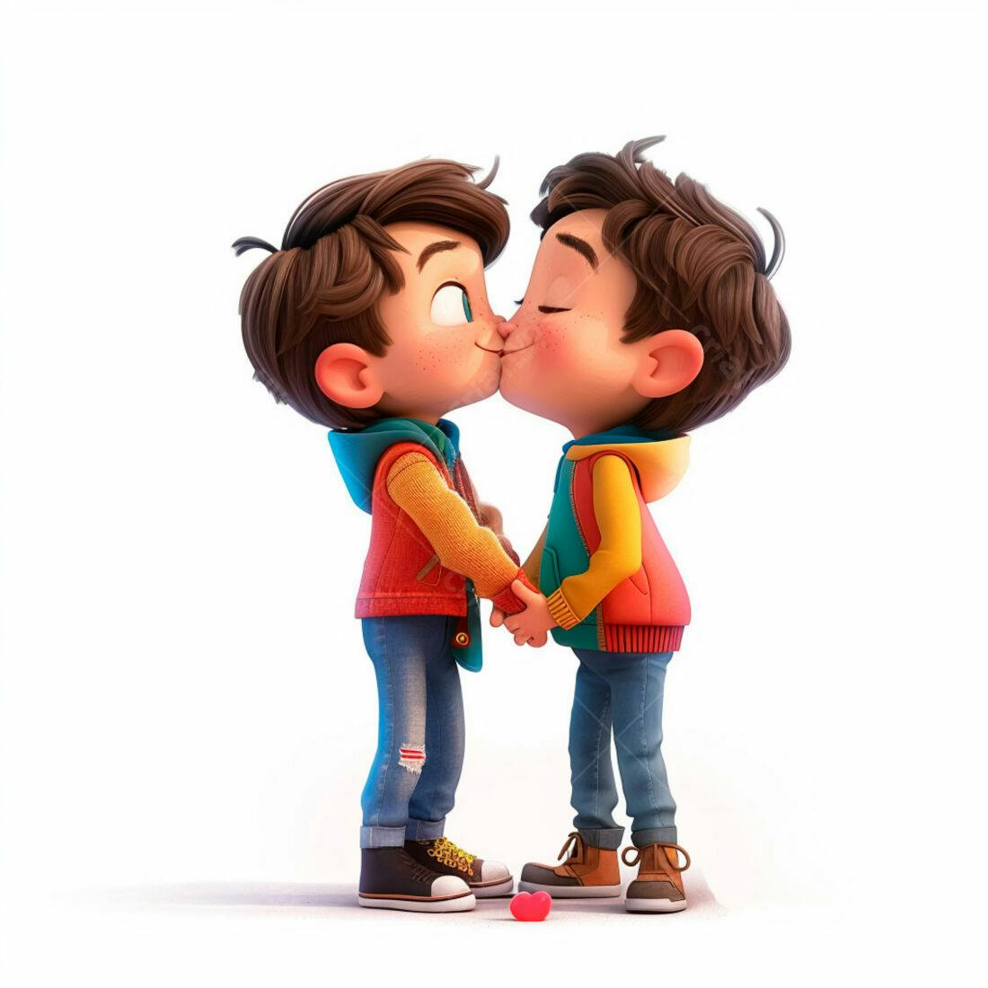 Dois meninos se beijando com roupas coloridas