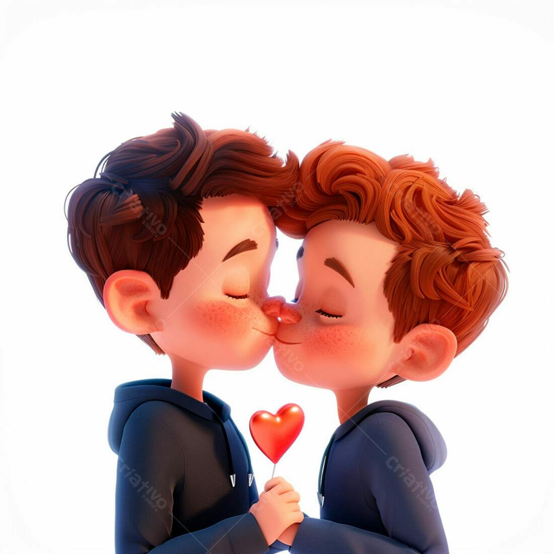 Dois meninos se beijando com pirulito em formato de coração