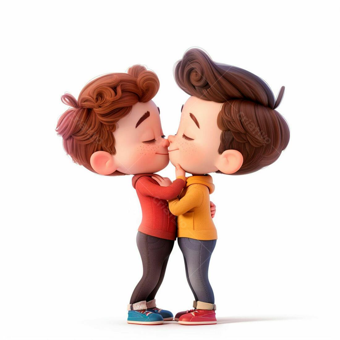 Dois meninos se beijando em desenho 3D