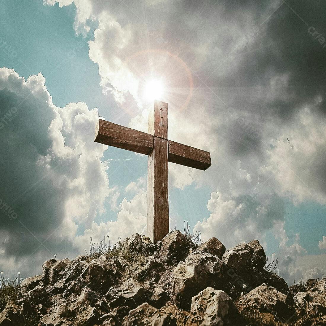 Cruz de madeira sob céu nublado