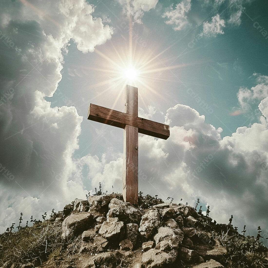 Cruz de madeira sob céu nublado e ensolarado