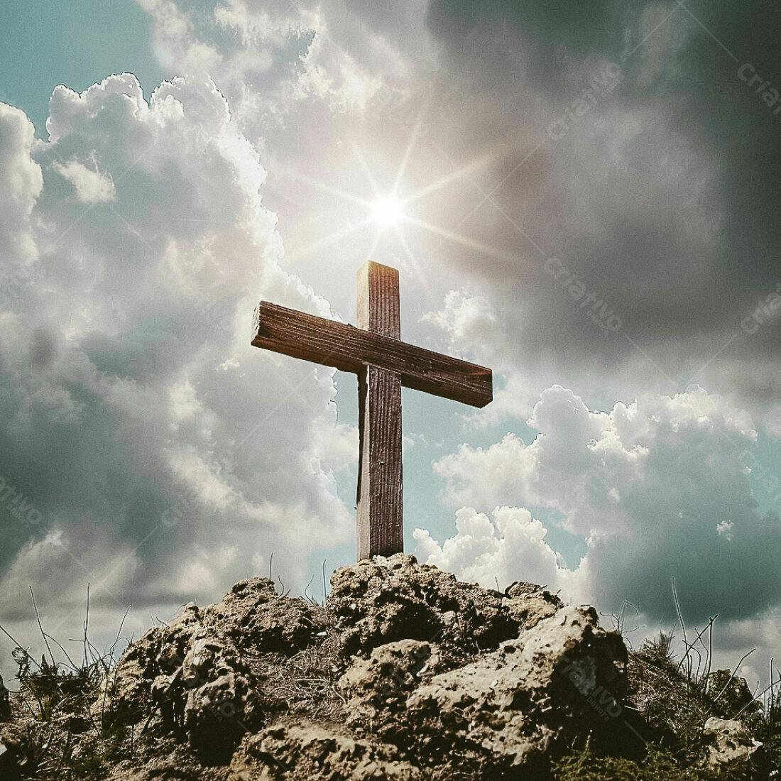 Cruz de madeira sob céu dramático