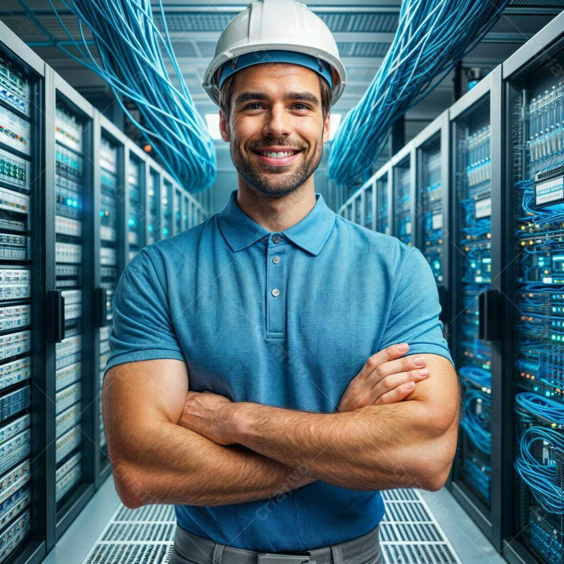 Técnico de TI sorrindo em data center