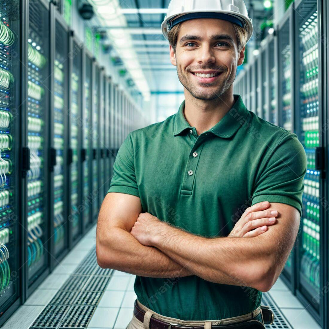 Técnico de TI sorrindo em data center