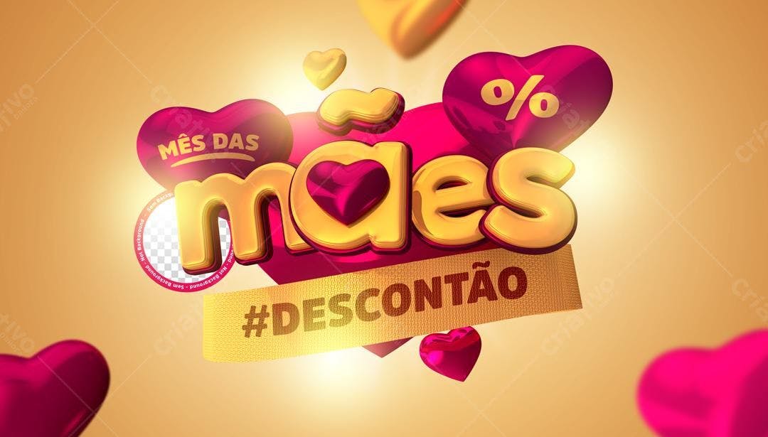 Selo 3D promocional dourado e rosa para o Dia das Mães