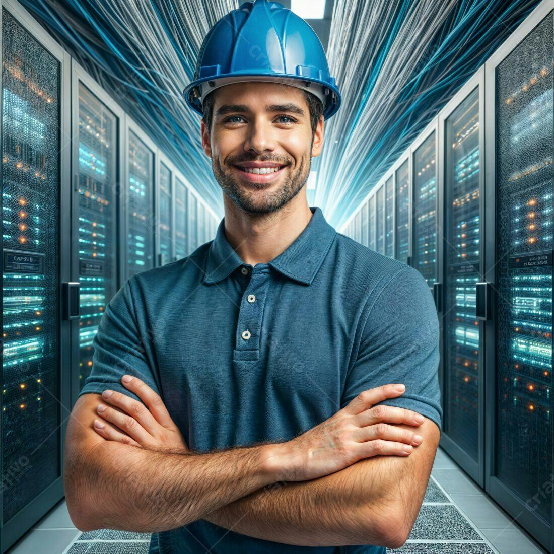 Técnico de TI sorrindo em data center