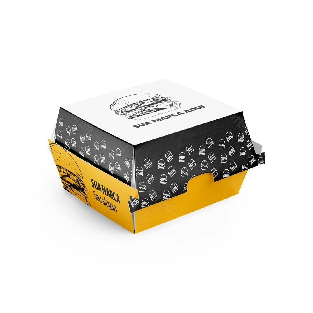 Mockup Embalagem Hambúrguer: Design Moderno em Preto e Amarelo