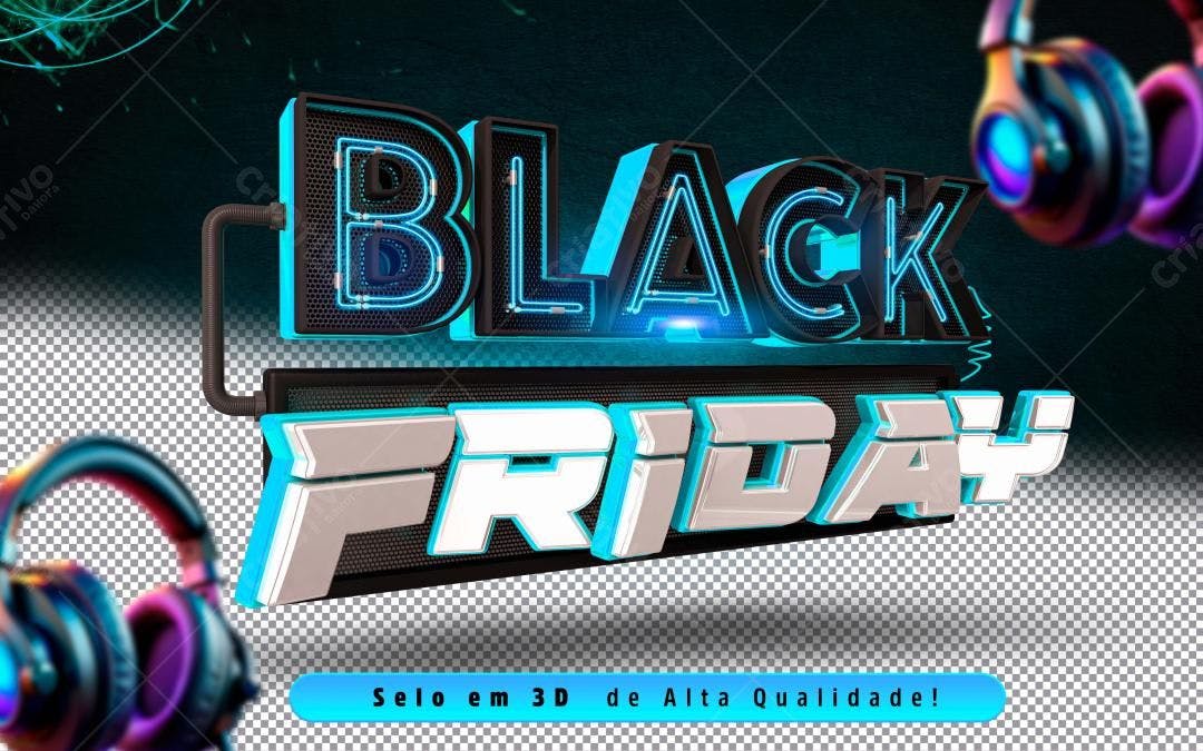 Selo 3D promocional Black Friday neon azul e prata