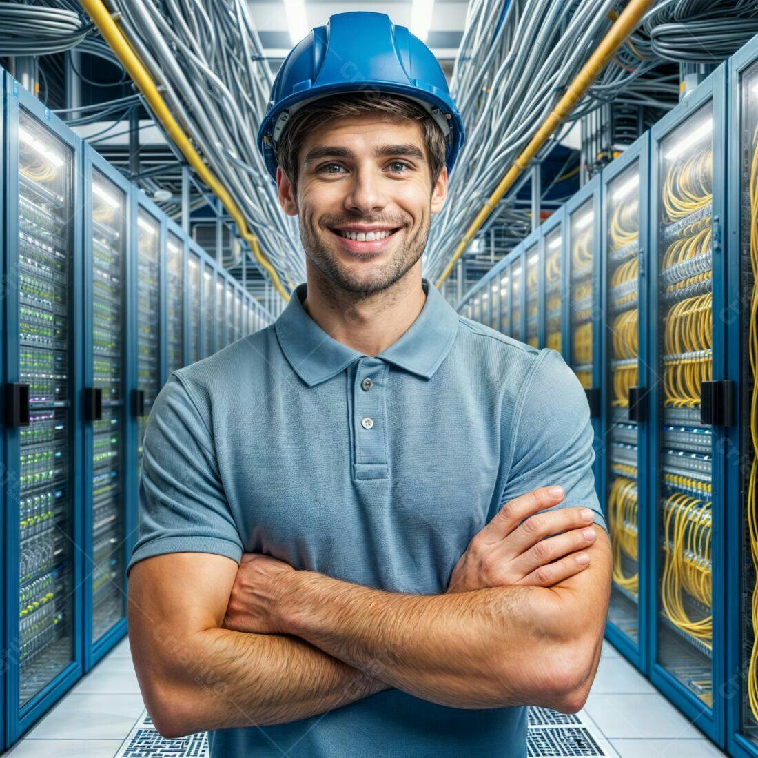 Técnico de TI sorrindo em data center