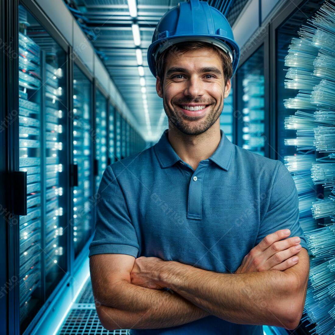 Técnico de TI sorrindo em data center