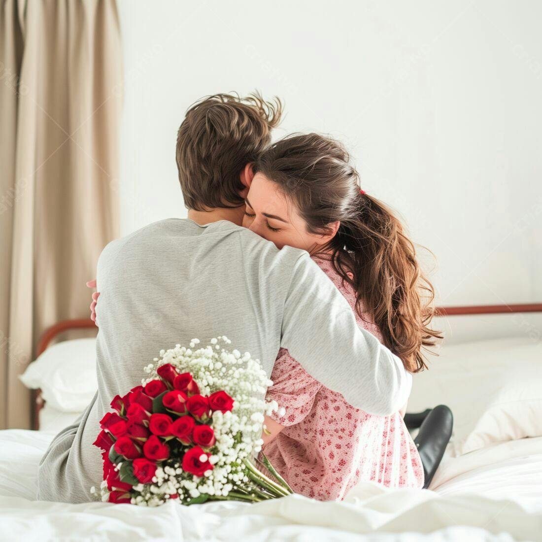 Casal abraçando com rosas vermelhas no quarto