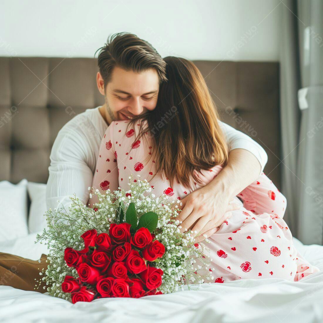 Casal abraçando na cama com rosas vermelhas